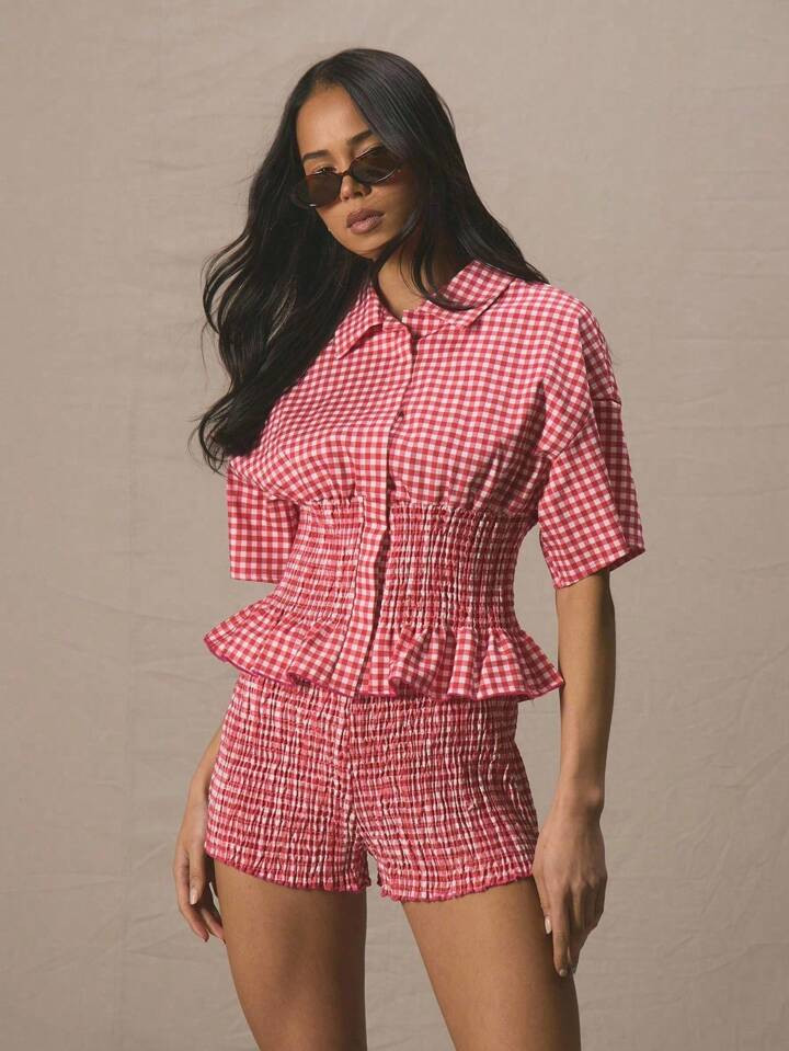 MUSERA Collared Boxy Fit Smocked Waist Button Down Short Sleeve Top Only Spring Summer Cute Vacation 90'S Y2k Spring Vacation Al Fresco Work Everyday Casual Holiday Festival | SHEIN