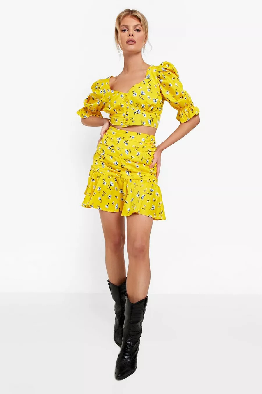 Printed Puff Sleeve Top & Ruched Mini Skirt | Boohoo.com (UK & IE)