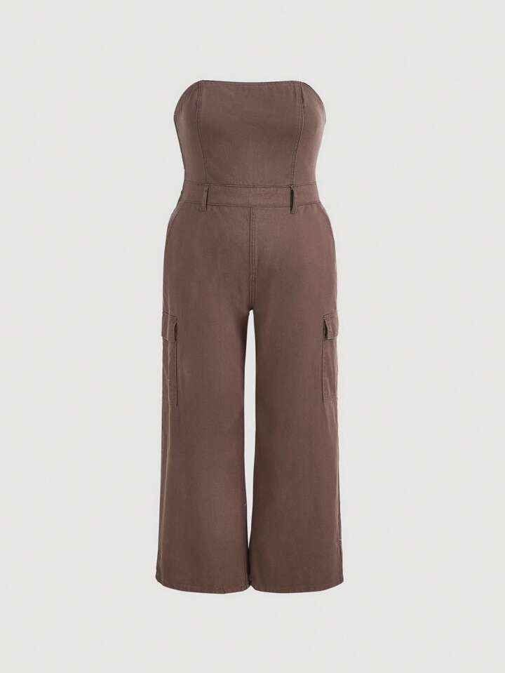 SHEIN ICON Plus Flap Pocket Side Denim Tube Jumpsuit | SHEIN