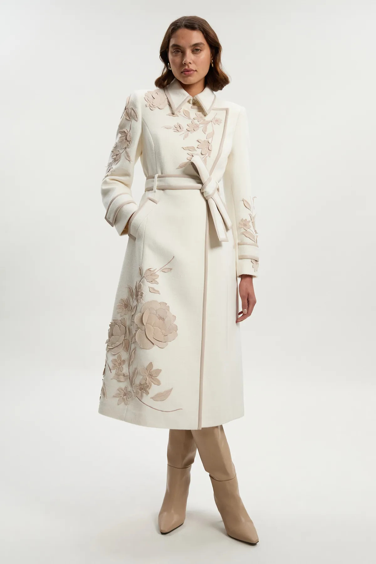 Brushed Wool Pu Mix Placed Floral Embroidery Applique Tailored Midi Coat | Karen Millen US