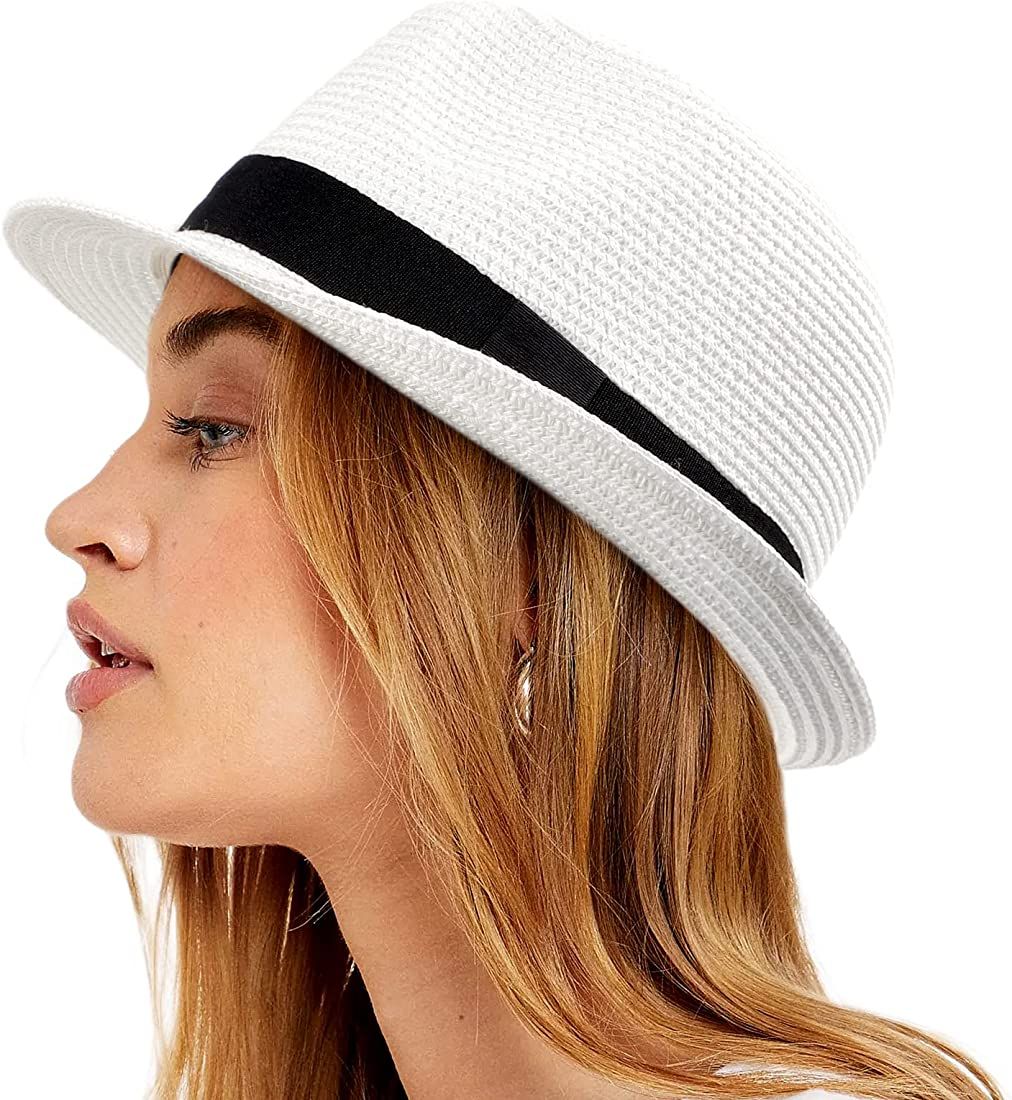 Womens Straw Hat Short Brim Panama Fedora Beach Sun Trilby Hat for Vacation Gentlemen Roll Up Sum... | Amazon (US)