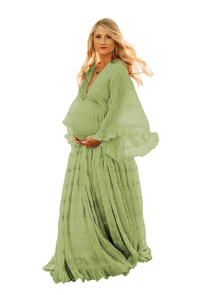 Tulle Maternity Robe for Photoshoot V Neck Long Sleeve Pregnancy Baby Shower Dress Puffy Slit Ruf... | Amazon (US)