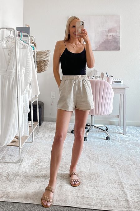 Easy summer outfit idea from my Summer Capsule Wardrobe ☀️ 

Full summer capsule wardrobe post is on sundaymimosasblog.com 💕 these beige linen shorts are so stretchy and comfortable, perfect for hot summer days, and this black bodysuit will go with everything! Both fit true to size.

Summer wardrobe essentials, simple summer outfit, black bodysuit outfit, casual summer outfit, summer outfit idea, casual outfit for summer, linen shorts #linenshorts #wardrobeessentials #summercapsulewardrobe

#LTKtravel #LTKSeasonal #LTKFind