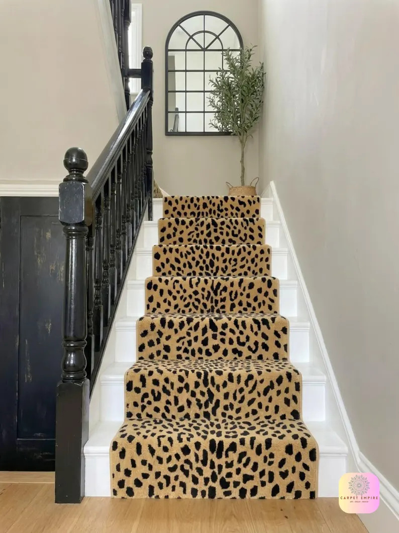 Leopard Stair Runner, Hand Tufted Wool Animal Rug , Tan Black Cheetah Hallway Runner | Etsy (Global)