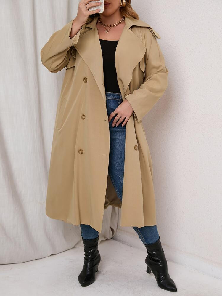 Plus Lapel Neck Double Breasted Belted Trench Coat | SHEIN