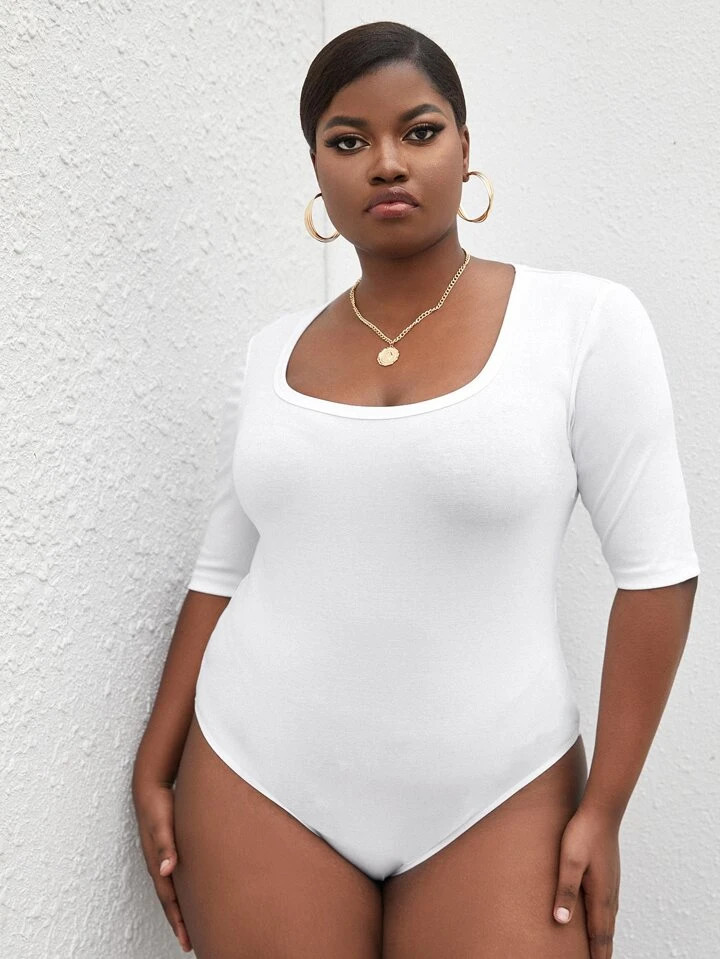 SHEIN BASICS Plus Cotton Scoop Neck Half Sleeve Form Fitted Bodysuit | SHEIN