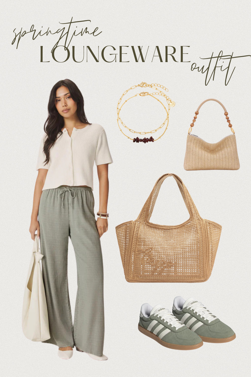 The kind of effortless spring loungewear outfit you’ll reach for on repeat. This neutral everyday look pairs soft wide-leg lounge pants, a lightweight ribbed top, classic Adidas sneakers, layered gold jewelry, and a woven tote bag for the perfect mix of comfort and elevated casual style.

Ideal for busy moms, coffee runs, travel days, postpartum comfort, or relaxed weekend outfits, this breathable neutral outfit is easy to style and flattering for everyday wear. Save this look for spring capsule wardrobe inspiration, casual mom outfits, neutral fashion ideas, and comfy street style. 

 #LTKootd #LTKmomlife #LTKMidsize