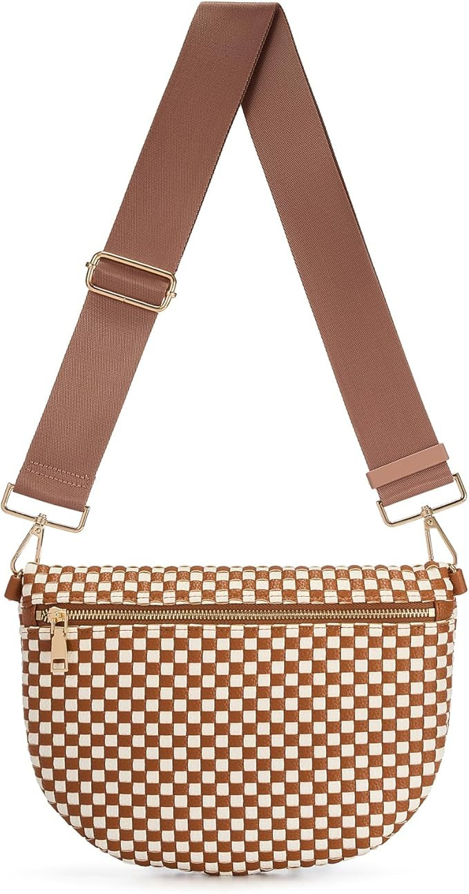 Woven Crossbody Bags For Women, Checkered Fashion PU Bum Bag Waist Pack, Travel Sling Purse with ... | Amazon (US)