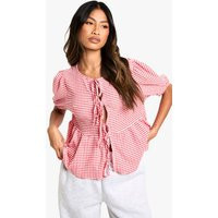 Womens Gingham Tie Front Puff Sleeve Smock Top - Red - 6 | boohoo (US & Canada)