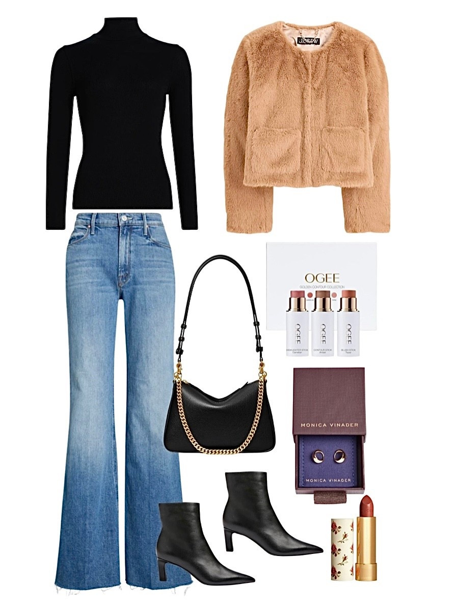 Faux fur jacket
Jeans 
Black booties 
Earrings 
Lipstick 

#LTKSeasonal #LTKSaleAlert #LTKFindsUnder100