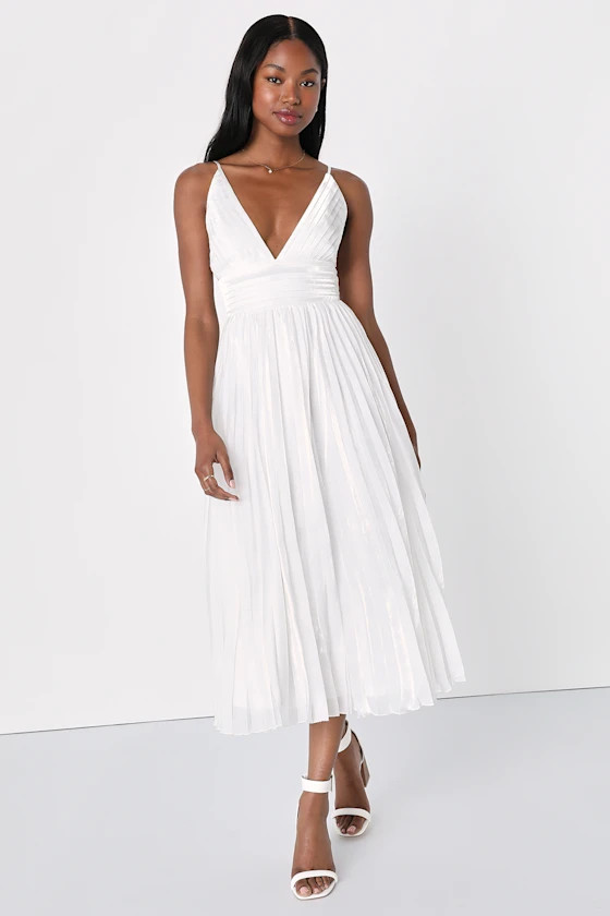 Romantic Aesthetic Shiny White Pleated Midi Dress | Lulus (US)