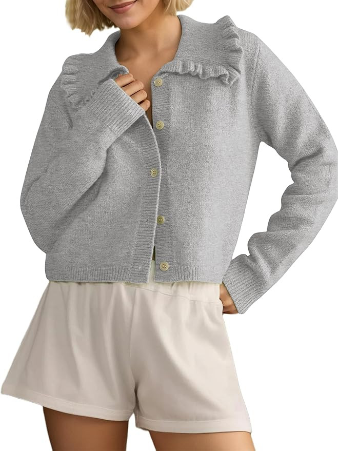 MISSACTIVER Women Ruffle Collar Cropped Cardigan Casual Lapel Button Down Sweaters Long Sleeve Op... | Amazon (US)