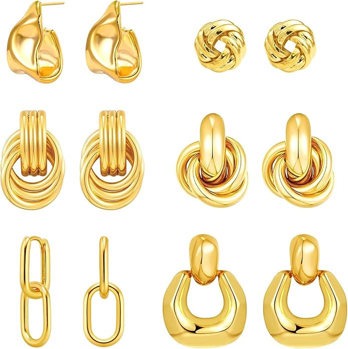 6 Pairs Gold Dangle Earrings for Women, 14K Gold Plated Earrings Geometric Knot Drop Huggie Earri... | Amazon (US)
