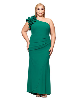 XSCAPE Plus Size Ruffled One-Shoulder Scuba Crepe Gown - Macy's | Macy's