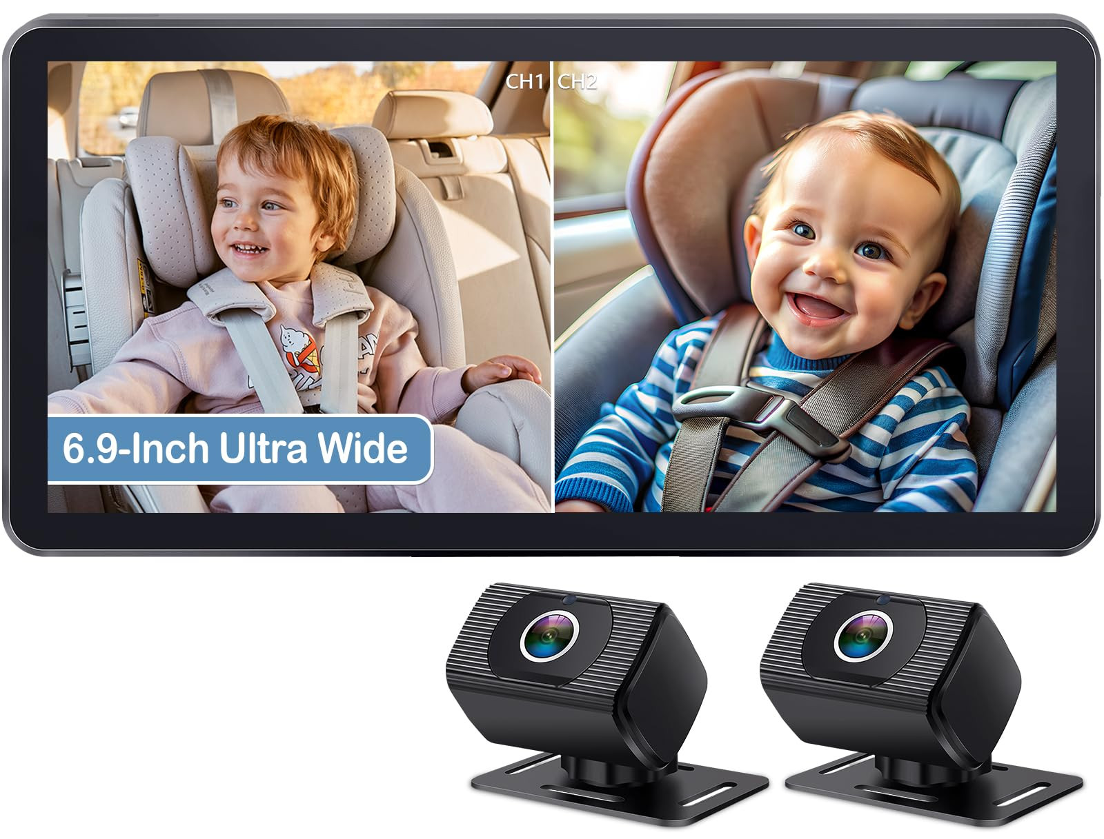 2-Kids Baby Car Camera for Seat: 6.9 Inch Ultrawide Display with Two Cameras Rear Facing - USB Po... | Amazon (US)