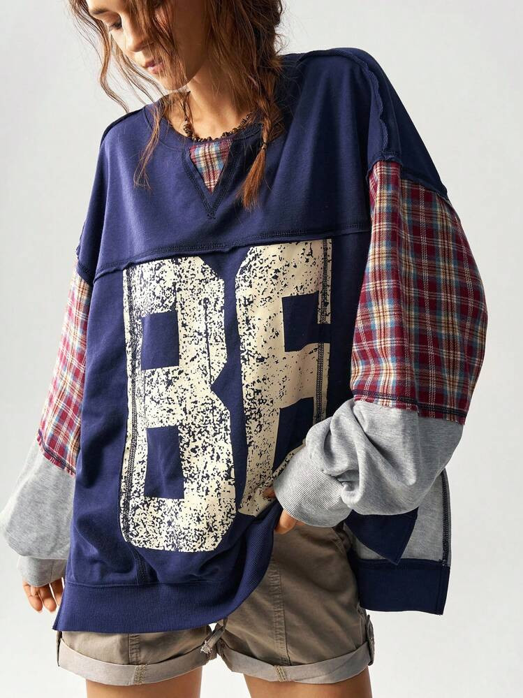 Bohemela Plus Size Colorblock Plaid & Numeric Print Sweatshirt Oversized Graphic Tees Women Baggy Shirts For Women Oversized Jersey Fall Tops Women,Fall Clothes For Women Winter Autumn | SHEIN