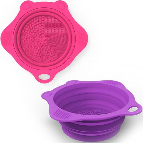 2PC Foldable Silicone Makeup Brush Cleaner Pad Bowls, YalsFTY Portable Mat Scrubber Cleaning Tool for Makeup Brushes (Purple and Rose) | Amazon (US)