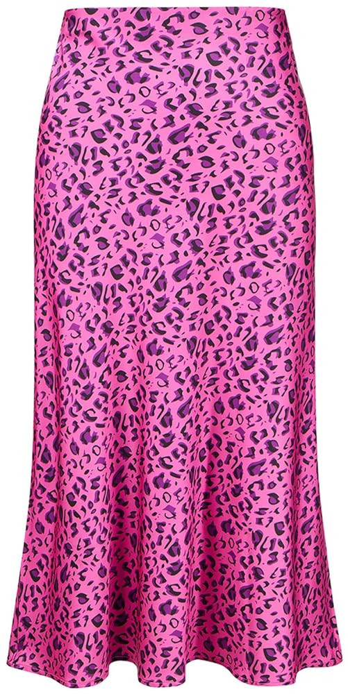 Keasmto Leopard Skirt for Women Midi Length High Waist Silk Satin Elasticized Cheetah Casual Ladi... | Amazon (US)