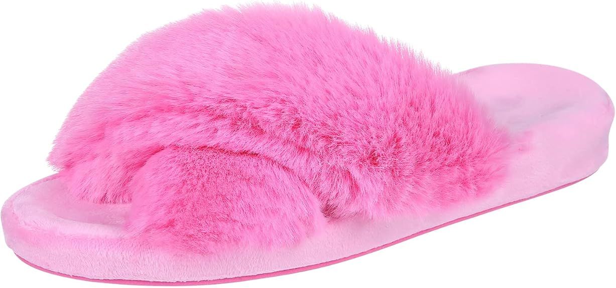 shevalues Fuzzy House Slippers for Women Cross Band Fluffy Bedroom Slippers with Arch Support | Amazon (US)