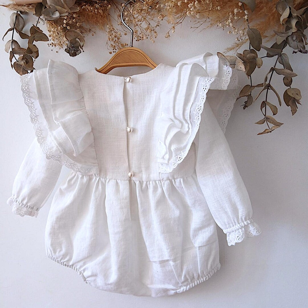 Long Sleeve Romper for Christening, White Linen Baptism Romper, Romper Christening Baptism Linen ... | Etsy (US)