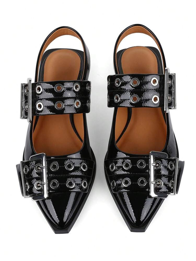 Women's Wide Buckle Slingback Ballet Pumps Pointed Toe Square Chunky Heel Casual Flat Ballerina Shoes Woman | SHEIN