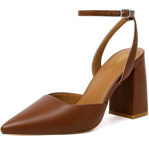 RIBONGZ Block Brown Heels for Women Closed Pointed Toe Pumps Slingback Chunky High Heel Ankle Strap Heeled Comfortable Comfort Dressy Shoes for Work Party Prom Wedding Bridal Dress Size 10 | Amazon (US)