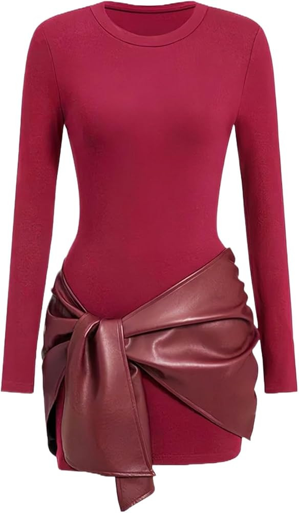 Women's Long-Sleeved Solid Color Fashionable Round Neck Faux Leather Tie-Waist Retro Bodycon Dres... | Amazon (US)