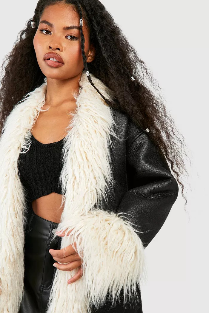 Faux Fur Trim Midi Leather Jacket | boohoo (US & Canada)