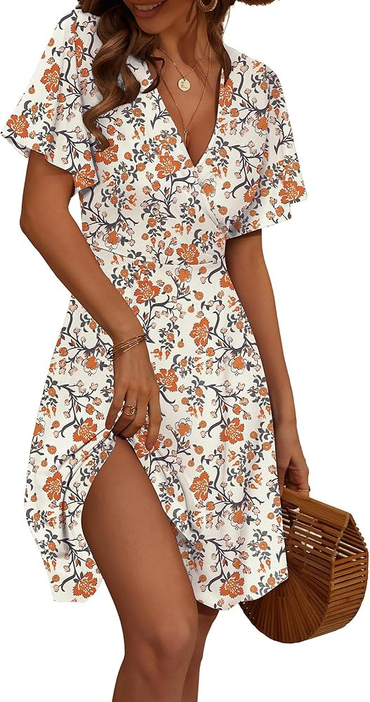 FENSACE Womens Sundress Summer Floral Short Sleeve Wrap V Neck A-Line Midi Dress | Amazon (US)