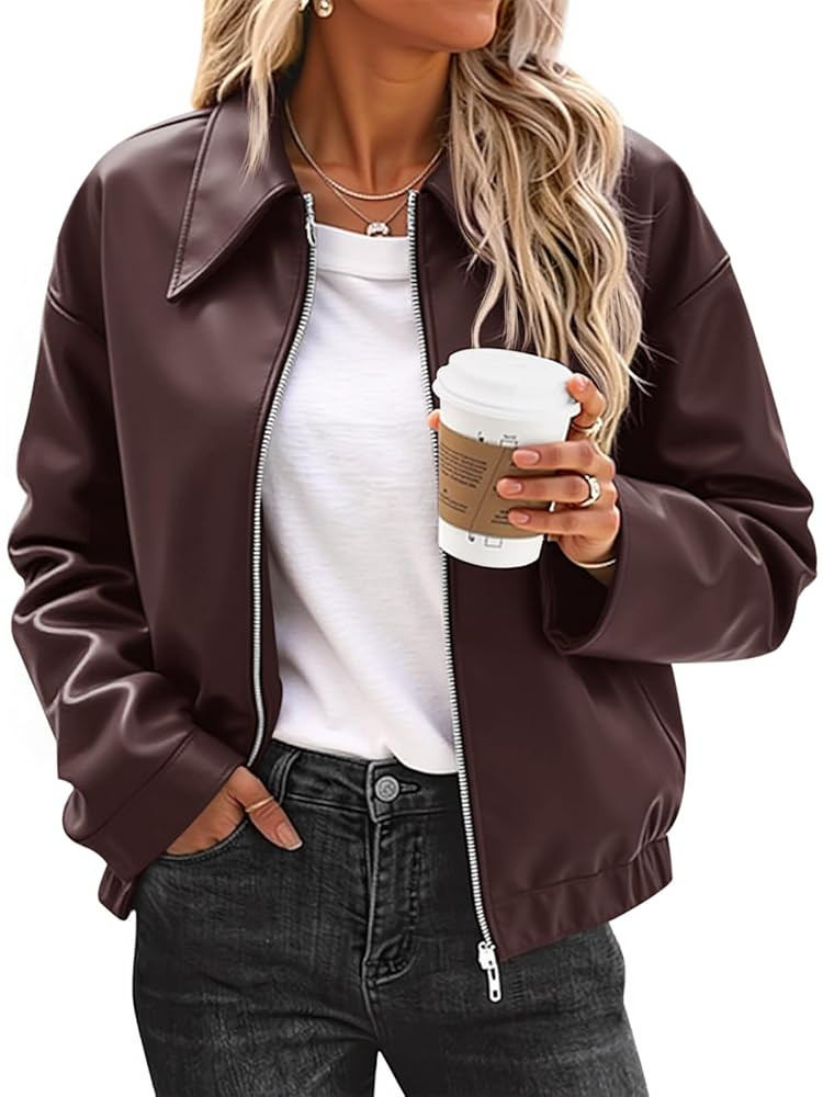 Cicy Bell Womens Faux Leather Bomber Jackets Cropped Motorcycle Casual Coats Fall Trendy Zip Up O... | Amazon (US)