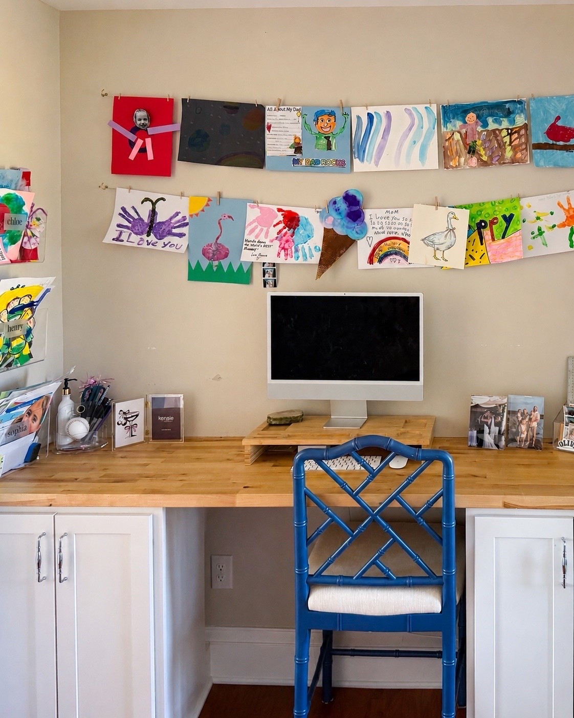 DIY KID’S ART WORK DISPLAY 🎨

An easy + functional DIY art display for under $15!

I’ve slowly been trying to get a better system for ALL the papers that come home with three kids. I have the acrylic wall file organizers for their everyday papers and file boxes for each kid for the special things I actually want to keep from each school year. I’ve shared both of those in previous videos!

I still wanted somewhere I could actually display their artwork. I have a couple of those frames that open so you can switch things out, but honestly, they just weren’t cutting it with the amount of stuff they bring home. I wanted something where I could hang more at once and easily switch it out whenever they create another little masterpiece. 🖼️🎨

And I LOVE how it turned out!

Now I can clip up their artwork, enjoy it for a while, and then swap it out instead of everything either getting filed away or ending up in a pile somewhere.

All I used were a few small cup hooks, picture wire and mini clothespins—and the whole thing cost me under $15!

I was determined and absolutely could not wait for Matt to get home. . So, did I have one tiny oopsie? Yes. Sorry, Matthew. 🫣 But I did the whole thing myself, drill and all! So if I can do it, you can too!

🎨 Comment “DISPLAY” and I’ll send you the links of everything I used + super easy step-by-step directions!

#LTKmomlife #LTKHome #LTKKids