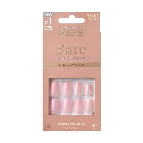KISS Bare But Better, Press-On Nails, Nail glue included, 'Spicy', Light Pink, Short Size, Squoval Shape, Includes 30 Nails, 2G Glue, 1 Manicure Stick, 1 Mini File | Amazon (US)