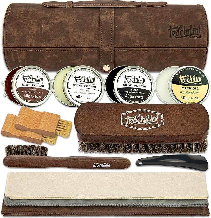 Amazon.com: TROCHILINI Shoe Shine Kit - 12PC Leather Boot Shoe Care Set Shoe Polish Kit, Mink Oil... | Amazon (US)