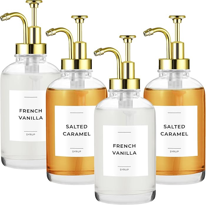 Coffee Syrup Dispenser with Pump - Includes 24 Flavor Labels - Glass Syrup Dispenser for Coffee B... | Amazon (US)