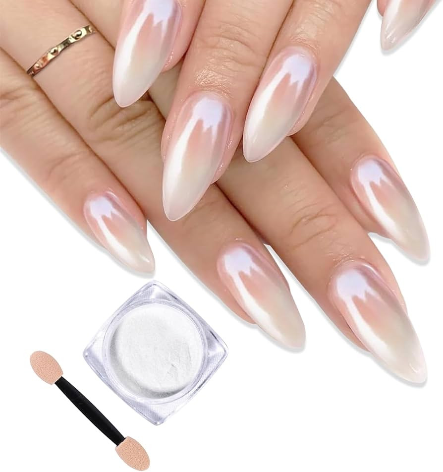 White Pearl Chrome Nail Powder,Mirror Effect Aurora Magic Pearlescent Nail Jewelry Glitter Powder... | Amazon (US)