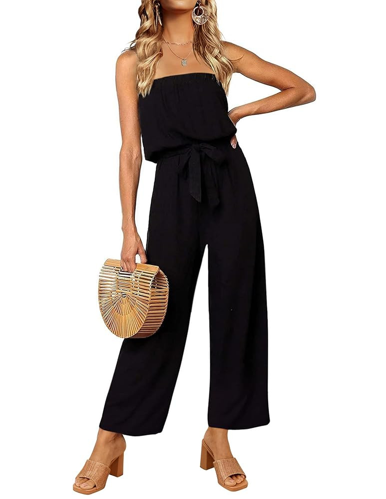 ZESICA Women's Casual Off Shoulder Solid Color Strapless Belted Wide Leg Jumpsuit Romper | Amazon (US)