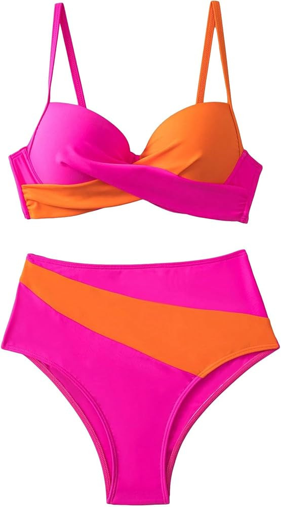 SweatyRocks Women's Bikini Set Color Block High Waist 2 Piece Swimsuit Twist Front Adjustable Spa... | Amazon (US)