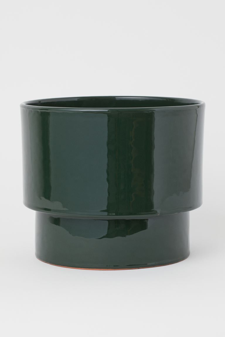 Großer Übertopf aus glasierter Keramik. Höhe ca. 20,5 cm, Durchmesser oben 24 cm. | H&M (DE, AT, CH, DK, NL, NO, FI)