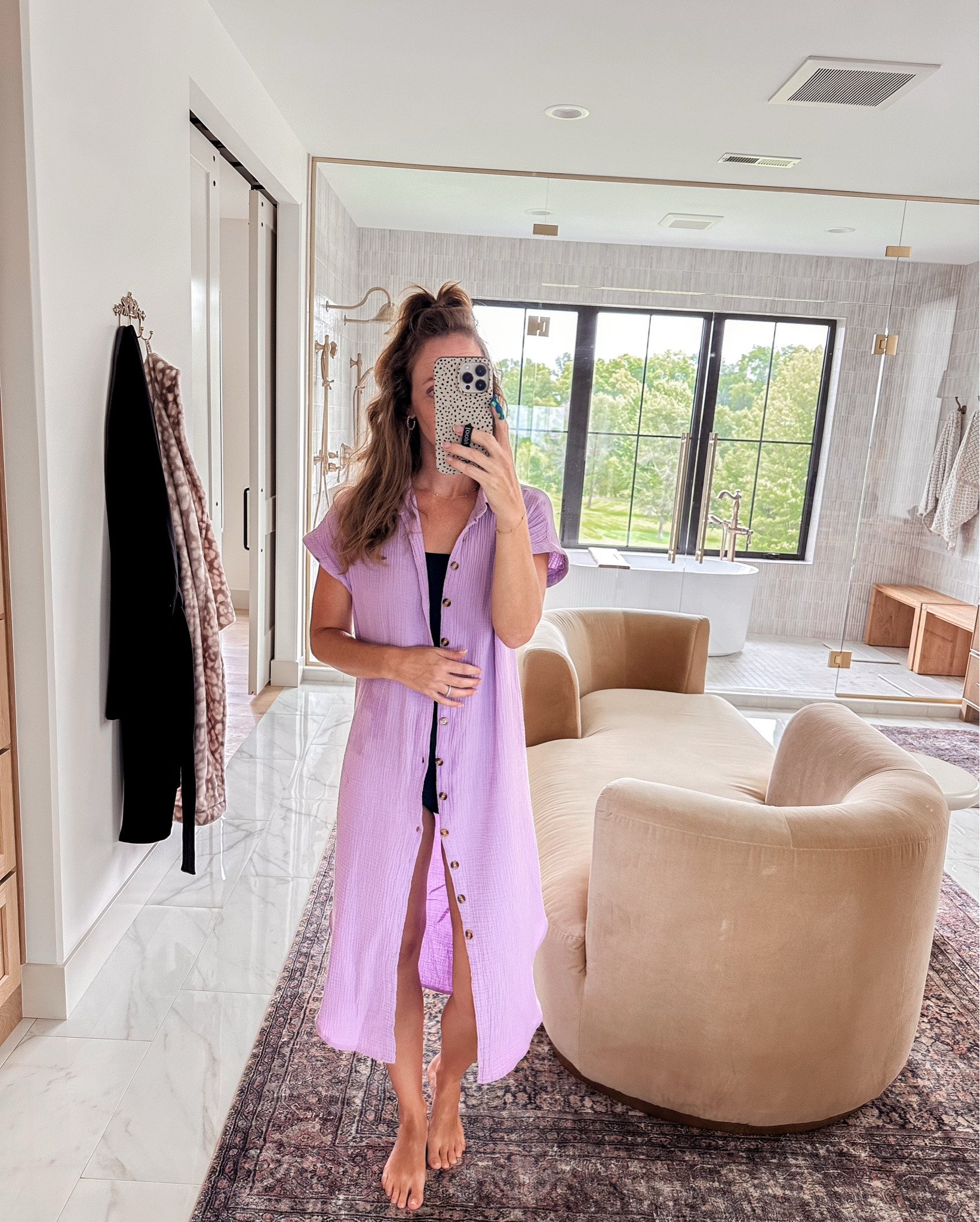 I found this swim dress cover up on Amazon and I’ve been loving it next to using my sarong. It’s ultra soft and washes without wrinkling. My suit here has great booty coverage and has ruching on the belly  