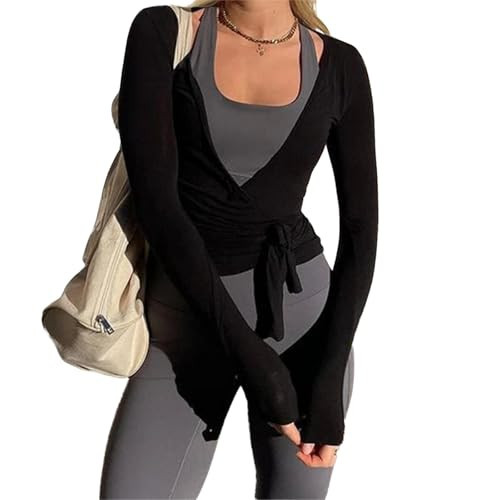 Women Yoga Tie Wrap Top Long Sleeve Deep V Neck Ballet Wrap Blouse Workout Slim Fit Top Gym Yoga Sport Cover Up (Black, ONE Size) | Amazon (US)