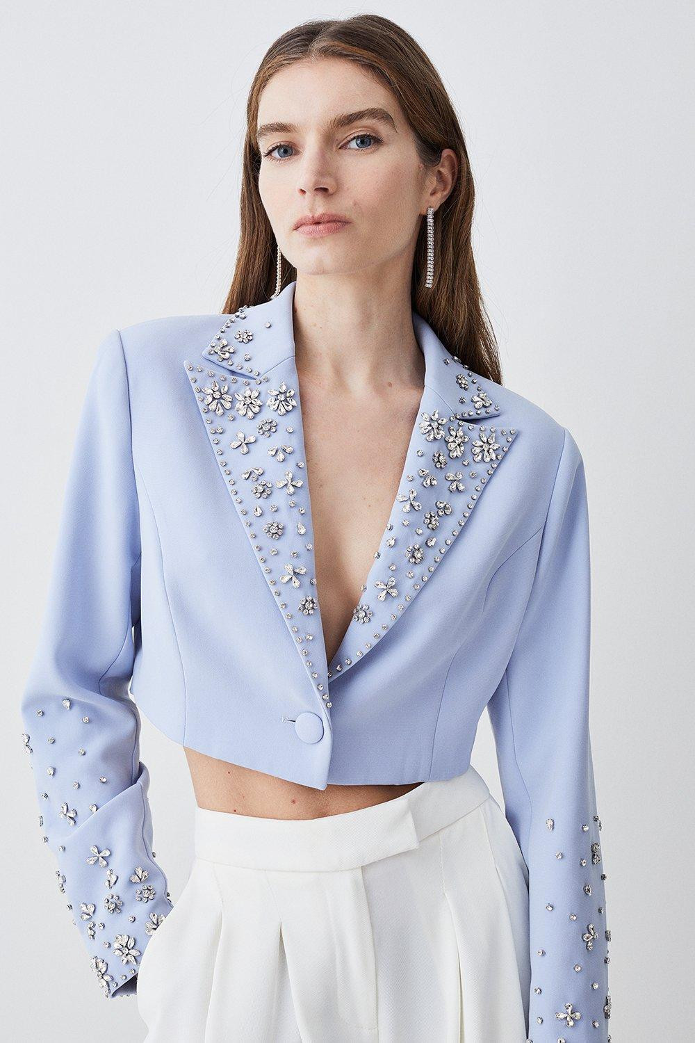 Embellished Stretch Woven Cropped Jacket | Karen Millen UK + IE + DE + NL