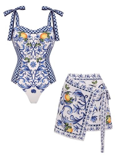 FLAXMAKER Women's One Piece Bowknot Tie Shoulder Adjustable Swimsuit Lemon Printed Swimsuit Skirt/Sarong (US, Alpha, Medium, Regular, Regular, Blue Swimsuit and Saong) | Amazon (US)