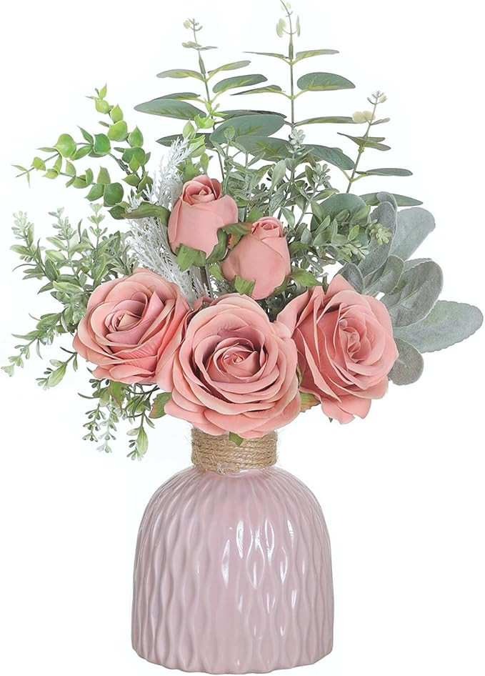 Artificial Flowers with Ceramic Vase,Faux Silk Roses and Fake Plant Eucalyptus in Vase for center... | Amazon (US)