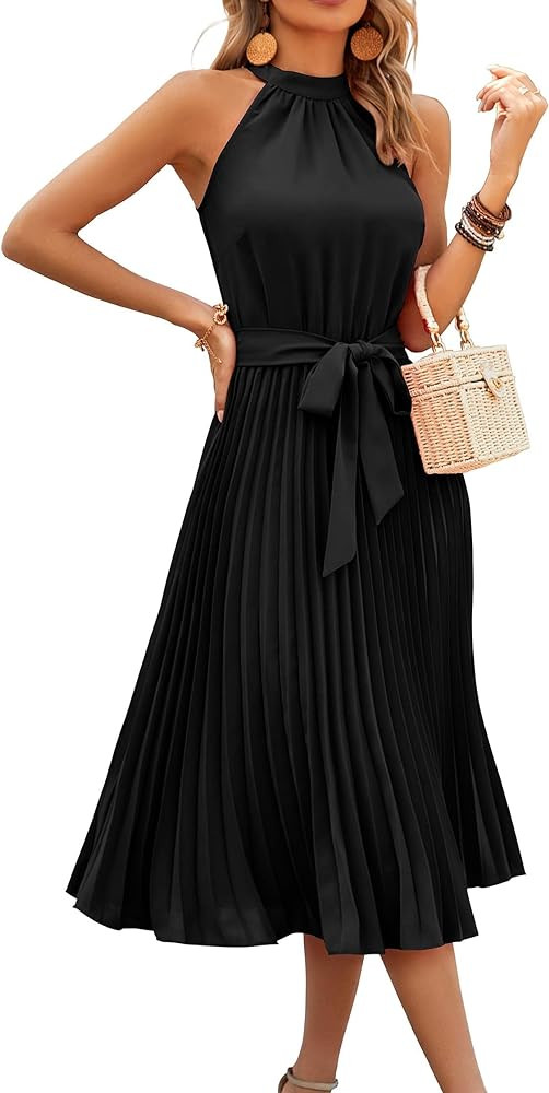 KIRUNDO Women's 2026 Summer Sleeveless Halter Neck Pleated Midi Cocktail Dresses A Line Flowy Bea... | Amazon (US)