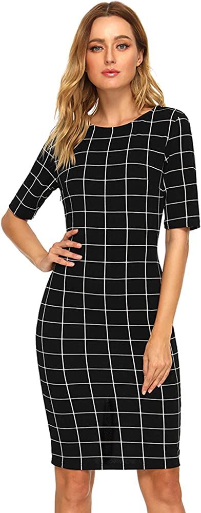 SheIn Women's Short Sleeve Plaid Grid Round Neck Elegant Sheath Pencil Bodycon Dress | Amazon (US)