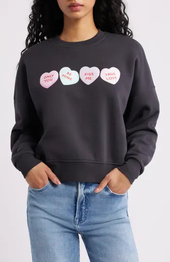 Vinyl Icons Mini Hearts Fleece Graphic Sweatshirt in Black at Nordstrom Rack, Size Medium | Nordstrom Rack
