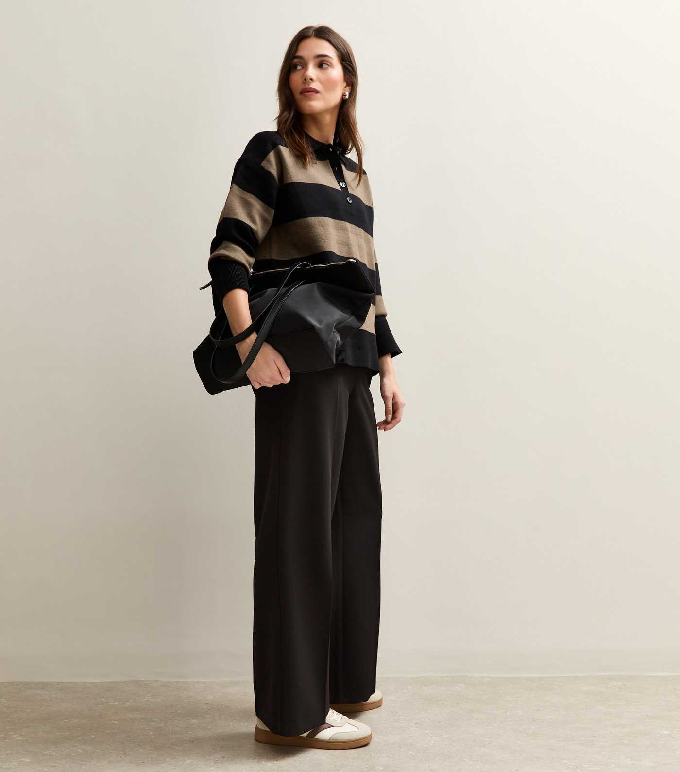 Black Striped Compact Knit Button Up Polo Top | New Look | New Look (UK)