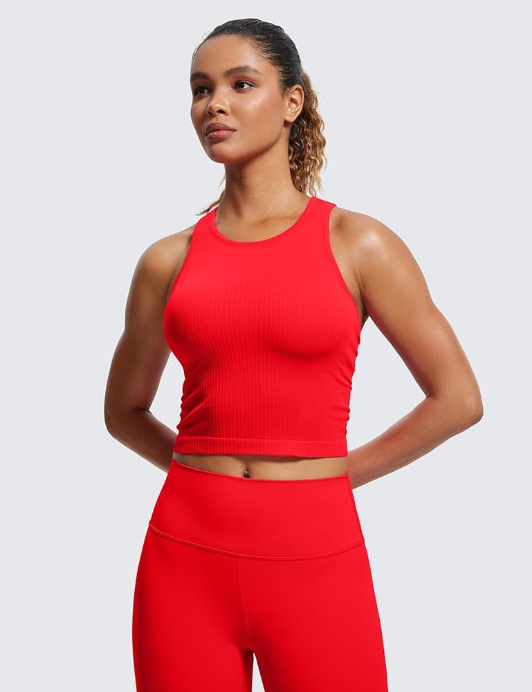 CRZ YOGA Womens Seamless Ribbed Longline High Neck Sports Bra - Racerback Padded Slim Fit Crop Ta... | Amazon (US)