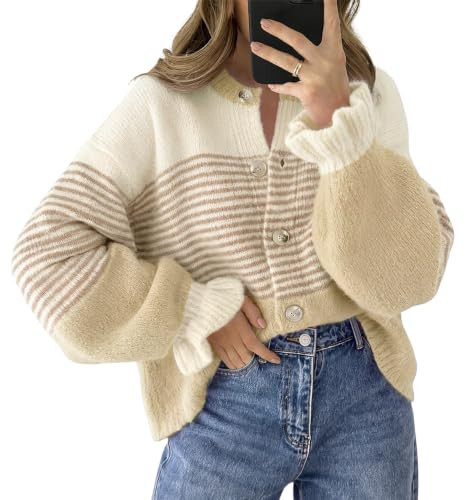 Saodimallsu Womens 2026 Fall Trendy Striped Cardigan Sweaters Ruffle Sleeve Button Up Loose Color Block Sweater Coats Khaki | Amazon (US)