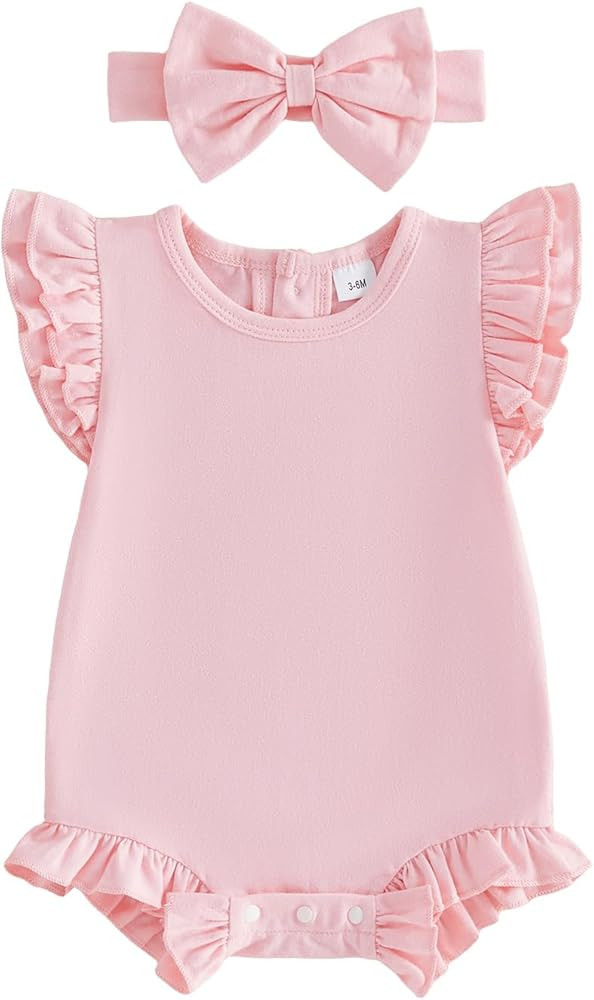 Newborn Baby Girl Summer Outfit Solid Ruffle Bubble Romper Shirt Flutter Sleeve Bodysuit Headband... | Amazon (US)